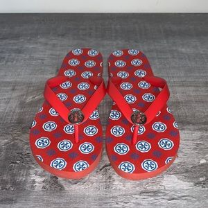 Tory Burch Flip Flop Sandals Coral Red/Orange Blue Women’s Size 7.5-8